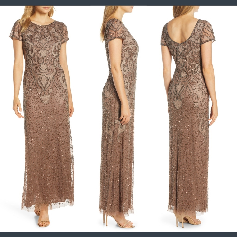 NWT $238 Pisarro Nights Embroidered Mesh Long Gown‎ in Mocha [SZ 2 ]